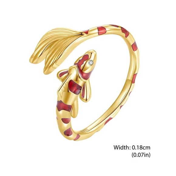 18K Gold Bohemian Lucky Koi Fish Enameled Detailing Ring Open Ring Adjustable - Picture 3 of 11